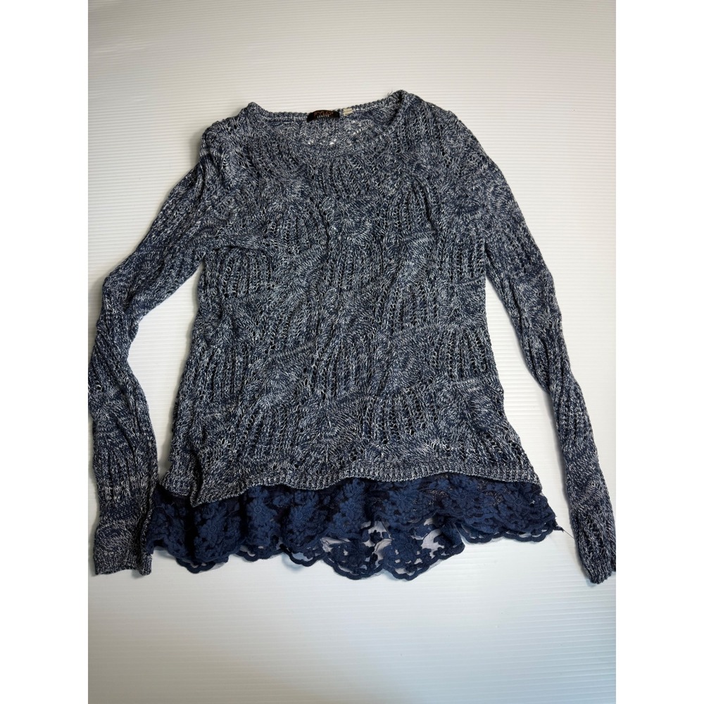 FYLO London Blue‎ Knit Sweater with Lace Trim Long Sleeve Pullover Top